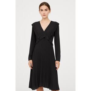 NWT Express Women's Small Black Dress Pleated Ruffle Long Sleeve Elegant V Neck